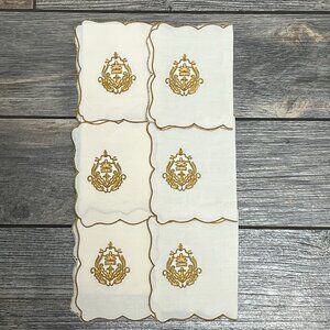 NEW VTG Neiman Marcus Crest Set 6 Embroidered Cocktail Napkins Linens Bone Gold